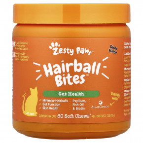 Zesty Paws, Hairball Bites™, шарики для волос, для кошек всех возрастов, со вкусом бекона, 60 жевательных таблеток, 78 г (2,7 унции) в Москве - eco-herb.ru | фото