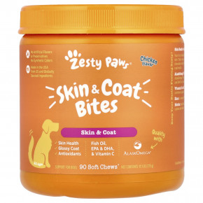 Zesty Paws, От укусов кожи и шерсти, для собак, для всех возрастов, курица, 90 жевательных таблеток, 315 г (11,1 унции) - описание | фото