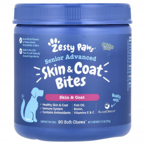 Zesty Paws, Senior Advanced, Skin & Coat Bites, For Dogs, Chicken, 90 Soft Chews, 11.1 oz (315 g) в Москве - eco-herb.ru | фото