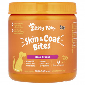 Zesty Paws, Skin &coat Bites, для собак всех возрастов, со вкусом бекона, 90 жевательных таблеток, 315 г (11,1 унции) - описание | фото