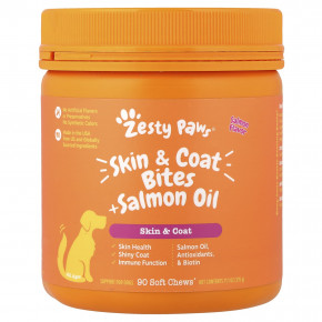 Zesty Paws, Skin & шерсти Bites + жир лосося, для собак всех возрастов, лосося, 90 мягких жевательных таблеток, 315 г (11,1 унции) - описание | фото