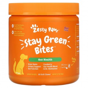 Zesty Paws, Stay Green Bites For Dogs, для пищеварения, для всех возрастов, со вкусом говядины, 90 жевательных таблеток - описание | фото