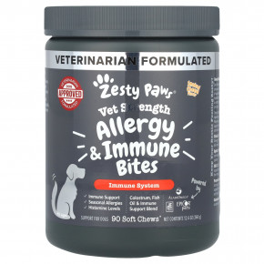 Zesty Paws, Vet Strength Allergy & Immune Bites, для собак, для всех возрастов, копченый сыр, 90 жевательных таблеток, 360 г (12,6 унции) - описание | фото