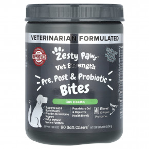 Zesty Paws, Vet Strength, после укусов с пробиотиками, для собак всех возрастов, со вкусом курицы и овощей, 90 мягких жевательных таблеток, 360 г (12,6 унции) - описание | фото