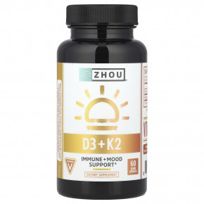 Zhou Nutrition, K2 + D3, поддержка 2-в-1, 60 вегетарианских капсул - описание | фото