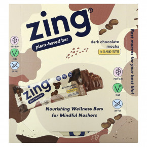 Zing Bars, растительный батончик, темный шоколад мокко с миндальной пастой, 12 батончиков по 50 г (1,76 унции) - описание