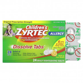 Zyrtec, Children's Allergy, Dissolve Tabs, для детей от 6 лет, цитрусовые, 10 мг, 24 таблетки для перорального применения - описание | фото