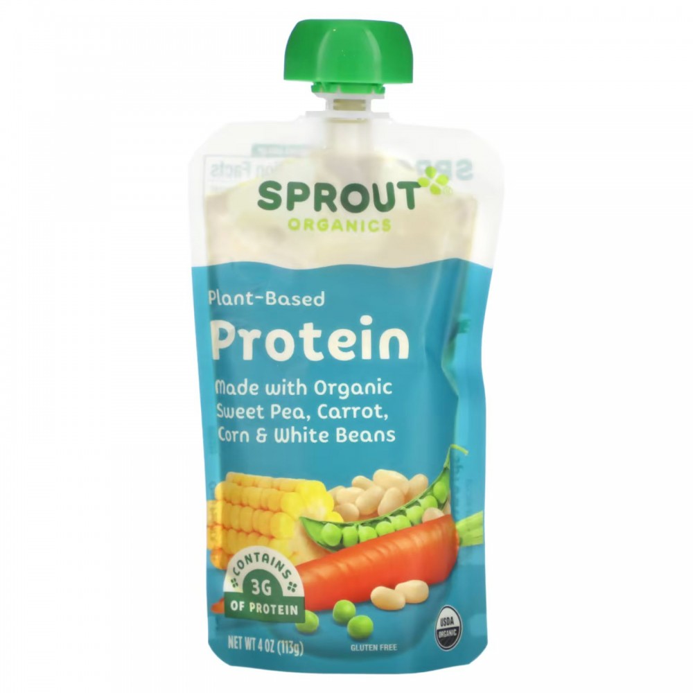 Sprout Organics, Детское питание, белок, для детей от 8 месяцев,  органический душистый горошек, морковь, кукуруза и белая фасоль, 113 г (4  унции)