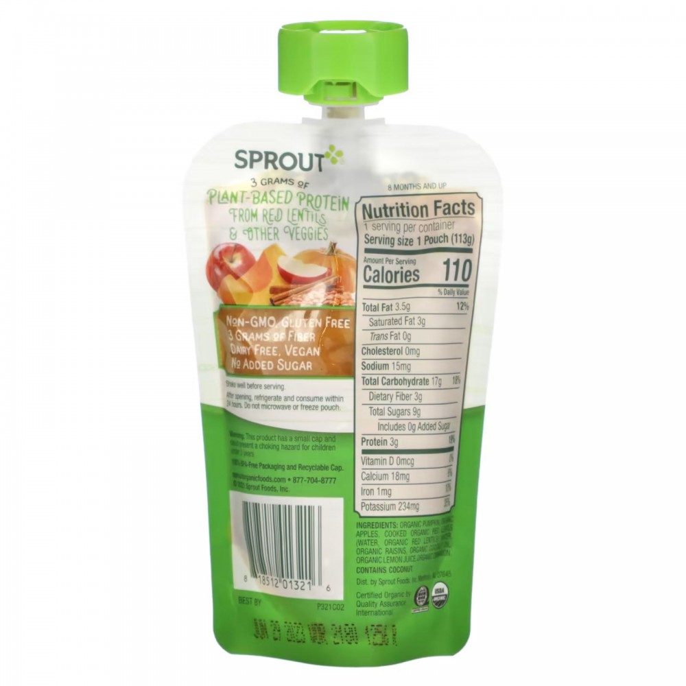 Sprout Organics, Детское питание, от 8 месяцев, тыква, яблоко, красная  чечевица с корицей, 113 г (4 унции)