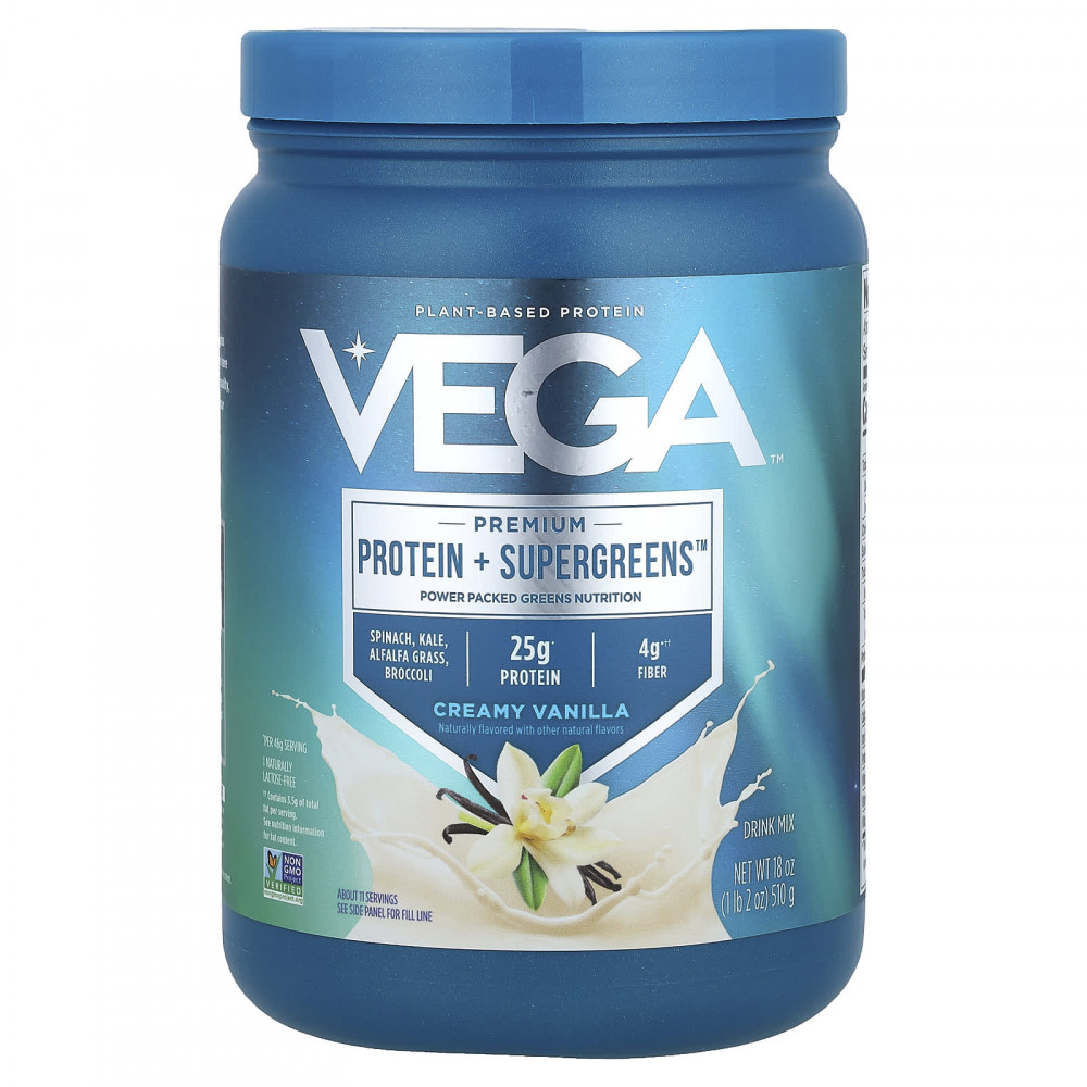 Vega, Premium, Protein + Supergreens™, протеиновая добавка с зеленью, сливочная ваниль, 510 г (1 фунт 2 унции) в Москве - eco-herb.ru | изображение Vega, Premium, Protein + Supergreens™, протеиновая добавка с зеленью, сливочная ваниль, 510 г (1 фунт 2 унции) в Москве - eco-herb.ru | фото