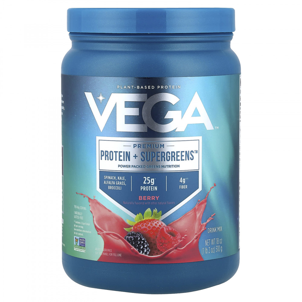 Vega, Premium, Protein + Supergreens™, протеиновая добавка с зеленью, ягодный микс, 510 г (1 фунт 2 унции) в Москве - eco-herb.ru | изображение Vega, Premium, Protein + Supergreens™, протеиновая добавка с зеленью, ягодный микс, 510 г (1 фунт 2 унции) в Москве - eco-herb.ru | фото