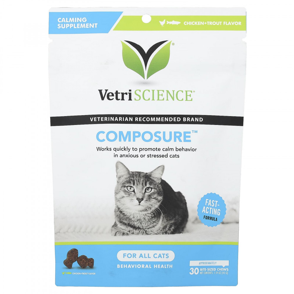VetriScience, Composure™, Calm & Confident, для всех кошек, со вкусом курицы и форели, 30 жевательных таблеток, 45 г (1,59 унции) в Москве - eco-herb.ru | изображение VetriScience, Composure™, Calm & Confident, для всех кошек, со вкусом курицы и форели, 30 жевательных таблеток, 45 г (1,59 унции) в Москве - eco-herb.ru | фото