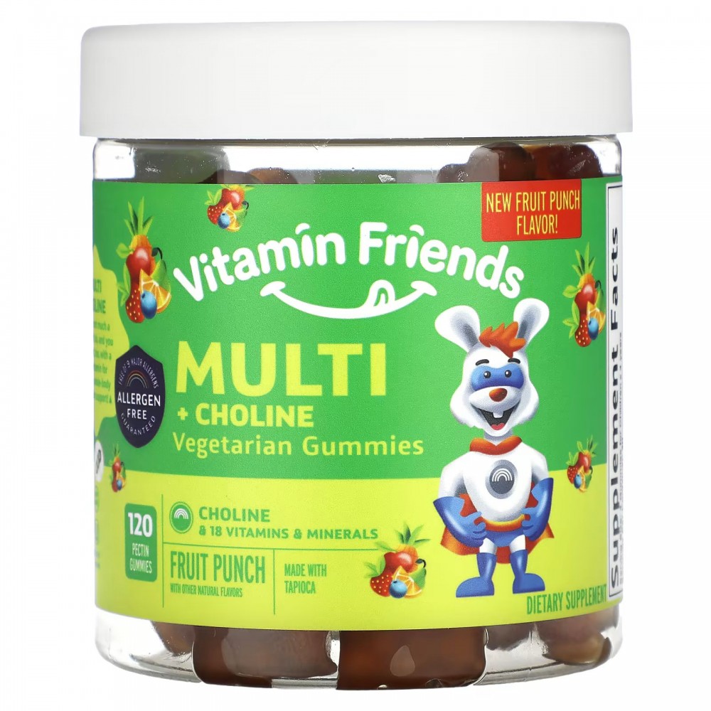 Vitamin Friends, Вегетарианские жевательные мармеладки с мульти + холином,  фруктовый пунш, 120 жевательных таблеток с пектином купить в Москве