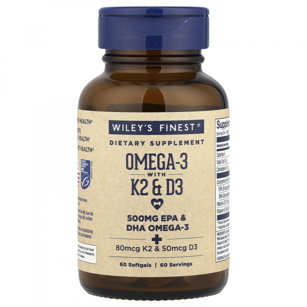 Wiley's Finest, омега-3 с витаминами K2 и D3, 60 капсул в Москве - eco-herb.ru | изображение Wiley's Finest, омега-3 с витаминами K2 и D3, 60 капсул в Москве - eco-herb.ru | фото