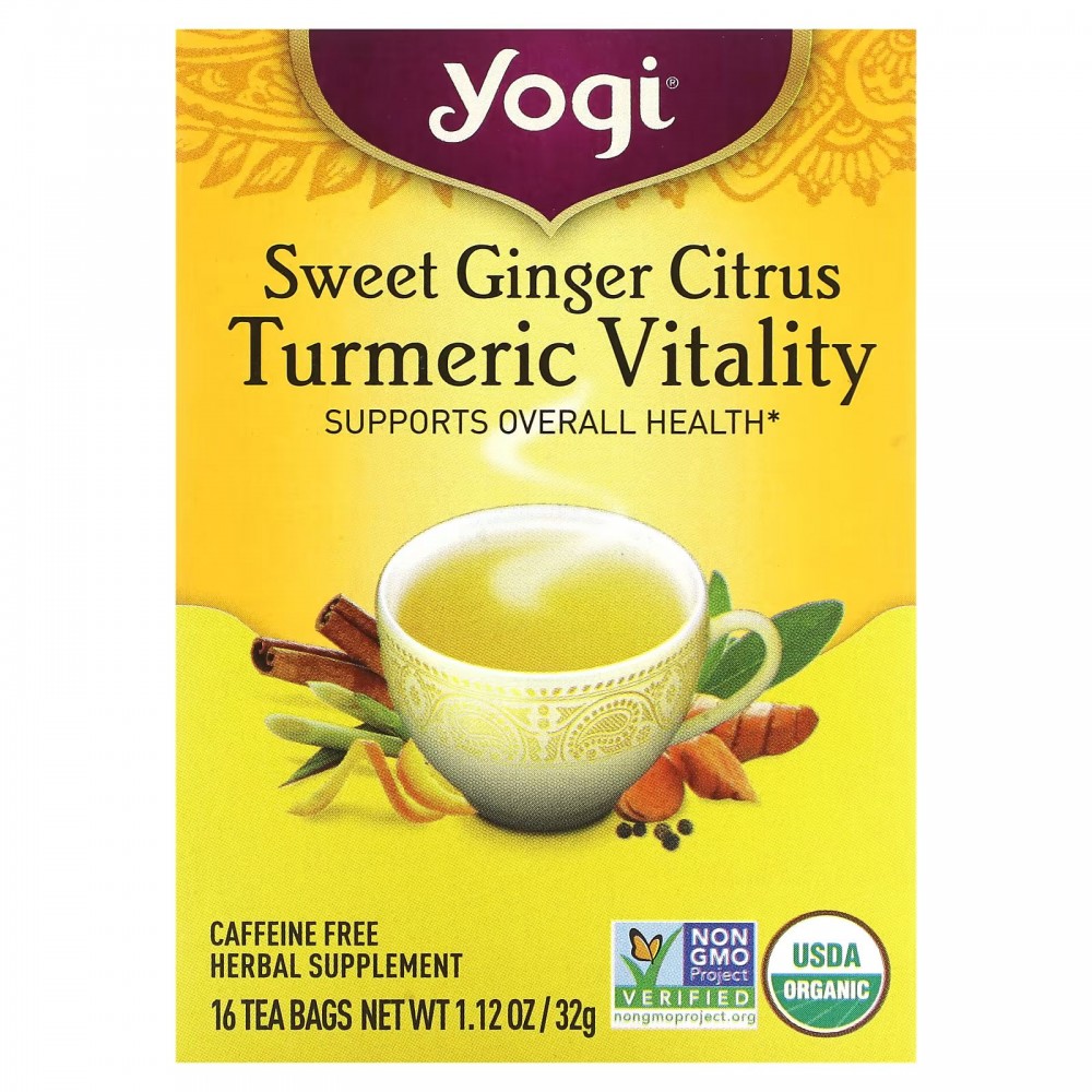 Yogi Tea, Sweet Ginger Citrus Turmeric Vitality, без кофеина, 16 чайных пакетиков, 1,12 унции (32 г) в Москве - eco-herb.ru | фото